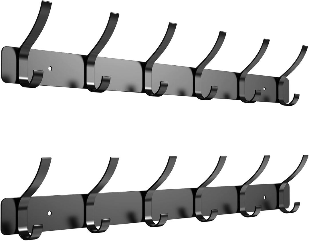 Heavy Duty 2-Pack Wall Mounted Coat Rack | with Hooks for Coats, Hats, Keys & Towels | Space-Saving Organization for Entryway, Mudroom & Bathroom, Black
