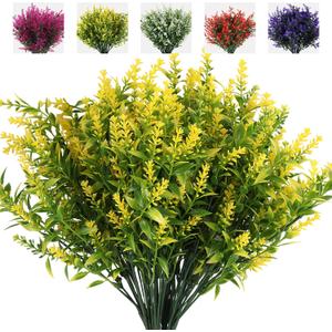 RECUTMS 8 Bundles Artificial Lavender Flowers for Outdoor Decoration, UV Resistant Fake Shrubs Greenery Bushes House Office Garden Patio Indoor Outdoor Decor (Yellow)