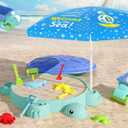 Upgraded Kids Turtle Sandbox with Lid & Adjustable Umbrella, Truck Toy & 8pcs Sand Shovels, Sand Box with Cover, Beach Toys for Toddlers 3-5, Plastic Indoor Outdoor Play Toys Gift for Girls Boys