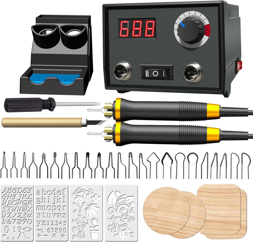 FIRElood Wood Burning Tool, Wood Burner kit Pen 25~750, Wood Burning kit with Digital Thermometer Temperature Adjustable Temperature, 2 pyrographic Wood Burning pens, 23 Wood Burning Pen Tips