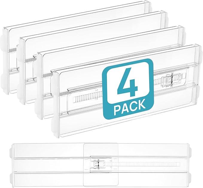 4 Pack Drawer Dividers for Clothes, 4" High 10.2"-16.5" Adjustable Expandable Dresser Drawer Organizer, Clear Plastic Separators for Dresser, Baby Clothing, Underwear, Cosmetic, Toiletries