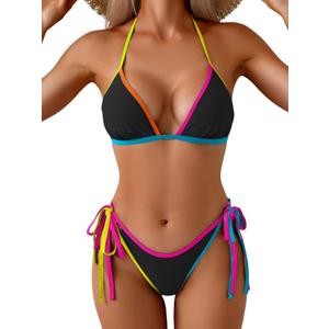 Eomenie Sexy Bikini Sets for Women Halter Triangle Top Two Piece Swimsuit Tie Side Bathing Suit Color Block Swimwear (Black, XXL)