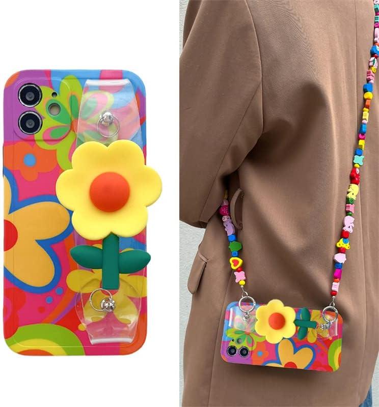 Lanyard Case Compatible with iPhone 14 Pro Max Case,Crossbody case with Strap and Wrist Band,Unique Cute Kawaii Colorful Painting Flowers Design for Girls and Women