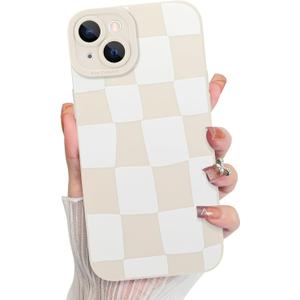 KANGHAR Compatible with iPhone 14 Case, Silicone Checkered Cute Pattern, Camera Protection Soft Slim Phone Case for Girls Women -White