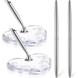 Outus 2 Pcs Wedding Pens Set for Guest Book Acrylic Heart Pen Holder Stand with Silver Signing Pen for Wedding Bridal Engagement Guests Book Ceremony Valentines Favor