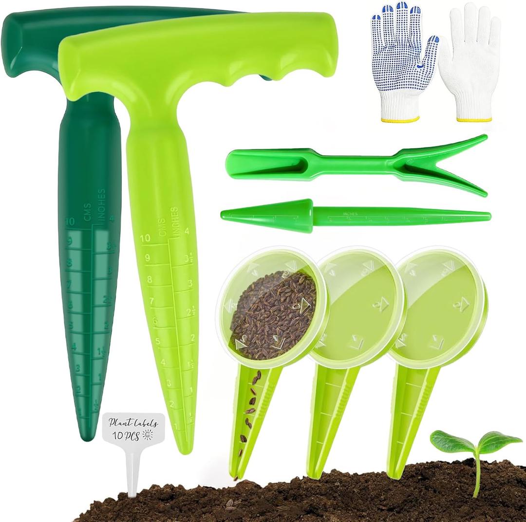 17Pcs Seed Planter Tool with 5-Hole Seed Dispenser & 6.9" Dibber & Succulent Tools Set, Plastic Planting Tools for Sowing, Bulbs, Seedlings-Includes Planting Labels