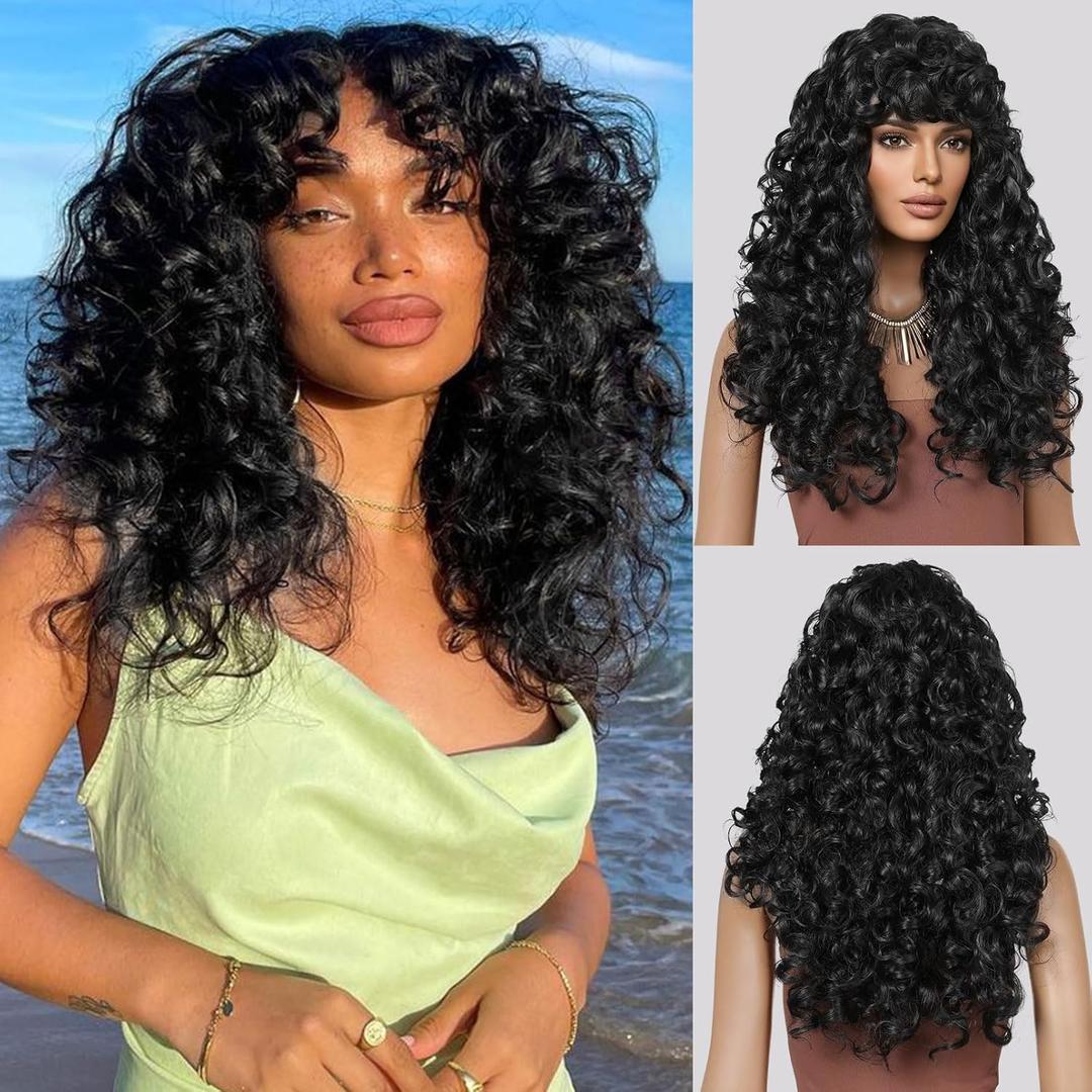LONAI Curly Wig with Bangs for Black Women Long Black Kinky Wigs with Wispy Bangs WIG006 Curly Gorgeous Fringe Synthetic Wig for Daily Use Party Cosplay-Black (23 Inch (Pack of 1))
