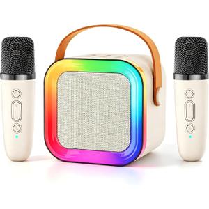 Kids Karaoke Machine Toy Ages 3-12, 2 Wireless Mics BT Speaker, Cream | Voice Changer, LED Party Lights, Duets, BT 5.3, Mini Rechargeable Portable, Christmas Birthday Gifts for Toddler Boys & Girls