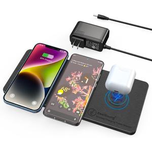 ZealSound Wireless Charging Pad, 3 in 1 Charger Mat for iPhone, Samsung Galaxy, Pixel, AirPods & Galaxy Buds, 24W Adapter Included, Ultra Slim, Case Friendly, PU Leather, for Home Office & Travel