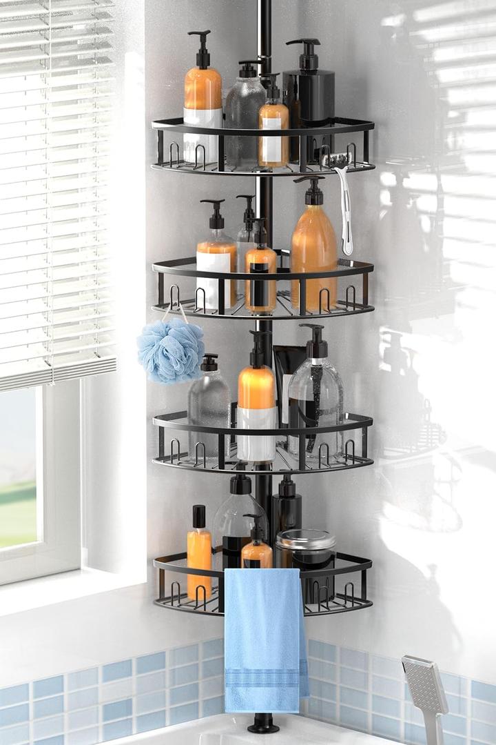 4-Tier Rustproof Corner Shower Caddy with Tension Pole - 42-115 Inch Adjustable Height, Shower Shelves with Hooks, Freestanding Bathroom Organizer - Black