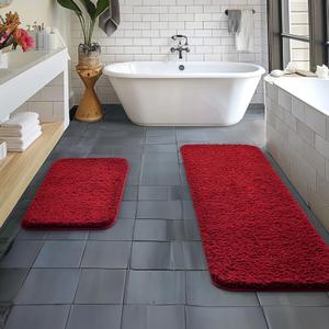 MIULEE Red Microfiber Bathroom Rugs and Mats Sets 2 Pieces Extra Thick Non Slip Bath Mat Absorbent Soft Shaggy Washable Quick Dry Rug for Bath Room Floor Restroom, 16"x24"+16"x48"