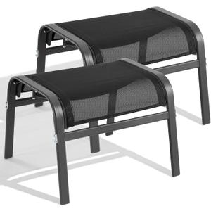 ONBRILL Outdoor Ottoman Foot Rest Set of 2, Textilene Fabric Outdoor Footstool with Tight Surface and Stable Metal Frame, Wide Use Outdoor Ottomans for Patio, Balcony, Poolside and Indoors, Black, Medium