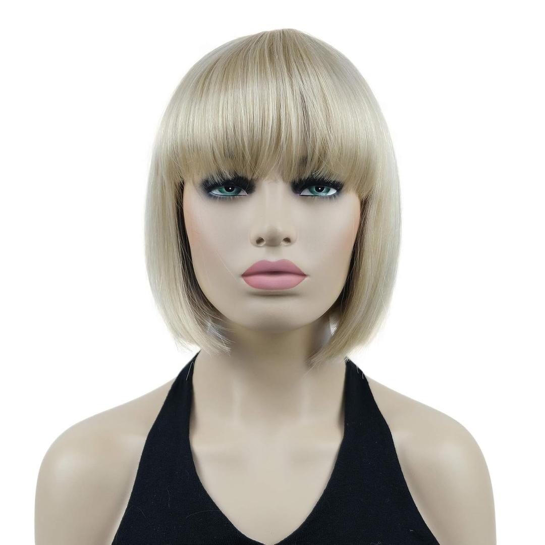 Lydell 8" Straight Short Bob Hair Flat Bangs Cute Central Dot Skin Top Heat Resistant Synthetic Wigs (26 Bright Golden Blonde)
