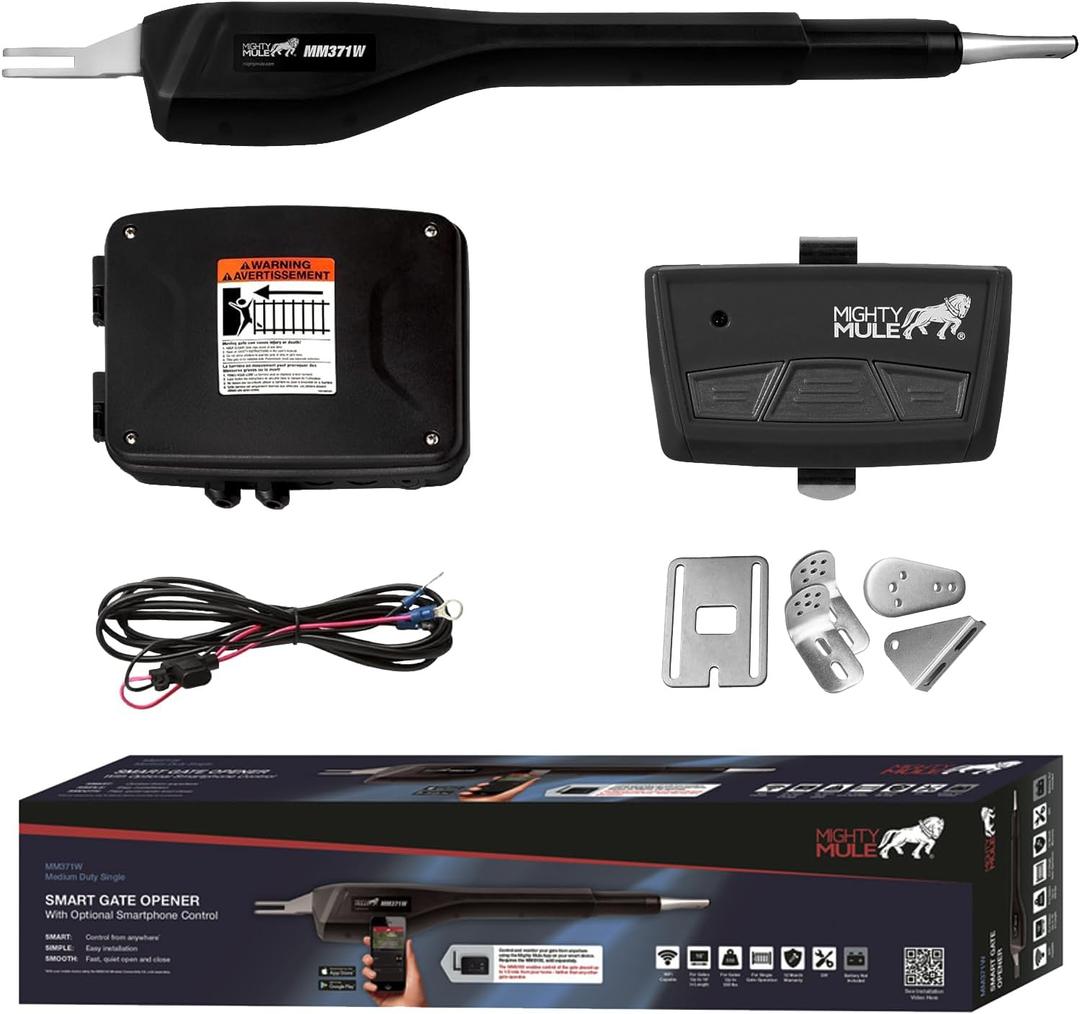 Mighty Mule MM371W Automatic Gate Opener, Smart and Solar Ready, Includes Gate Opener Remote and More-Up to 16ft Long or 550lb, Black, 1 Gate Opener Kit, Single