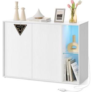 SONGMICS HOME Storage Cabinet, Superfast Toolless Assembly, Accent Buffet Cabinet with Lighting and Glass Shelf, Sideboard for Living Room, Snow White UBBK372W02 (1 Pack)
