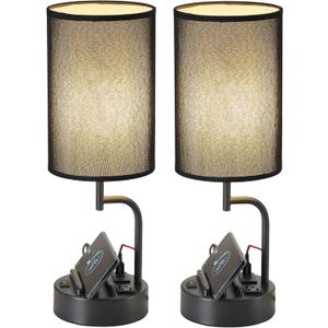 Dreamholder Table Lamp with 3 USB Charging Ports, Modern Desk Lamp with AC Outlet and Phone Stands, Perfect Bedside Lamp for Bedroom, Living Room, Office (Pack of 2), Black