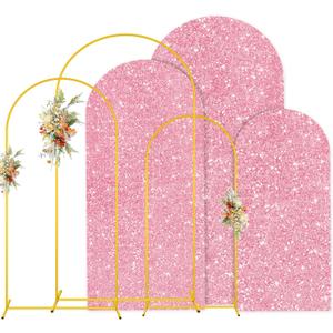 MODFUNS Metal Arch Backdrop Stand and Cover Set 4&5&6ft Pink Gold Sequins Arch Backdrop Cover Double Sided Arch Frame with Covers Gold Arch Stand and Covers for Banquet Reception Birthday Decor