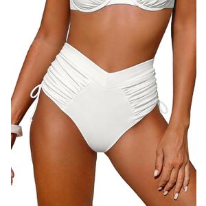 Leoparts Womens V Cut Bikini Bottoms Ruched Tummy Control Bathing Suit Bottom High Cut Drawstring Swimsuit Brief (White, L)