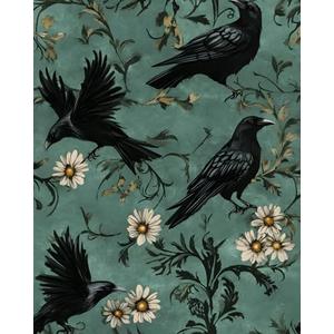 Fvlow Crow Wallpaper Dark Peel and Stick 17.4" x 118" Vintage Contact Paper Gothic Witchy Self Adhesive Removable Covering for Bedroom Bathroom Cabinet Drawer Halloween Raven Wall Decor Grey Green