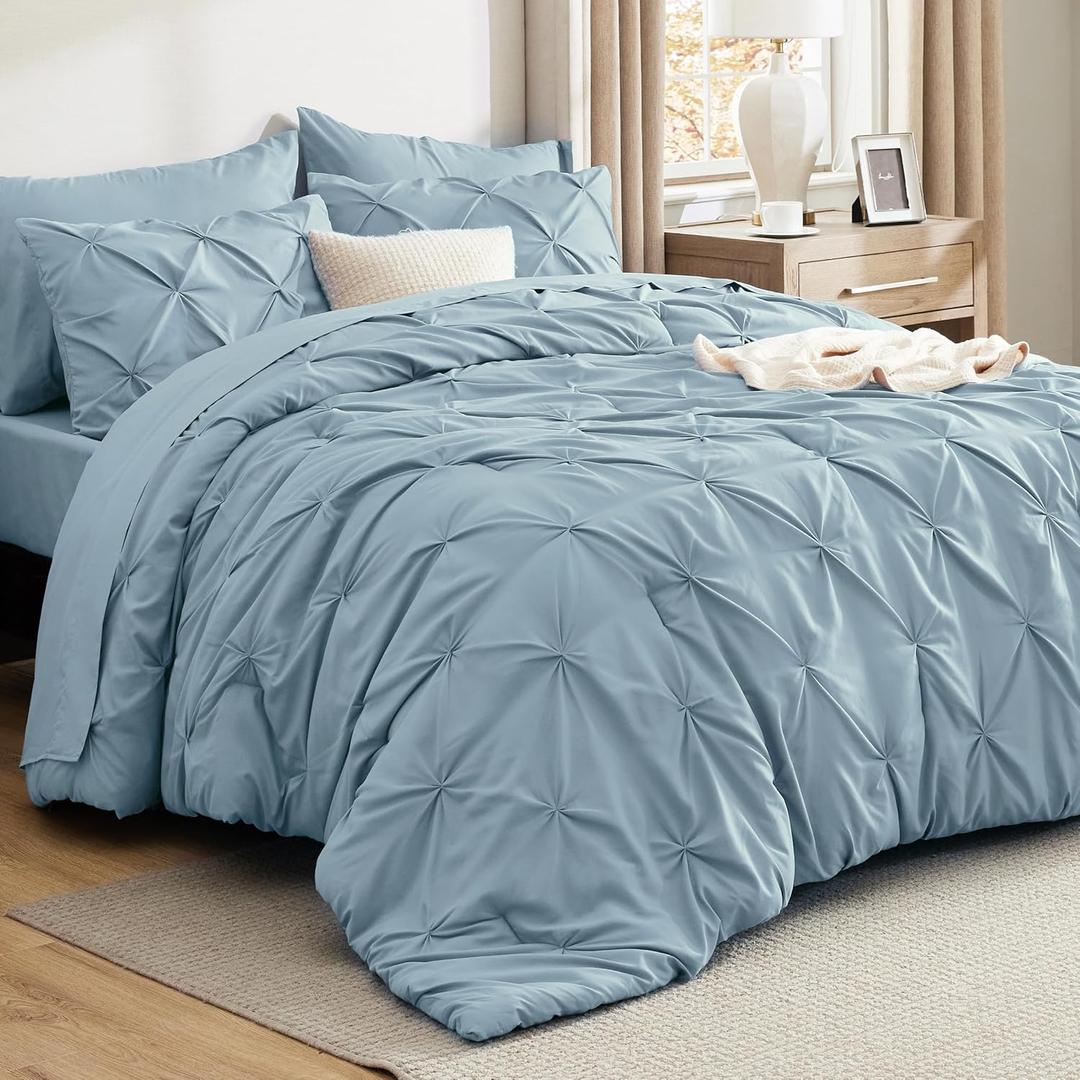 Bedsure Queen Comforter Set Light Blue - Bed in a Bag Queen Size Bedding 7 Pieces, GentleSoft Pintuck Bed Set Gift for Family, Pinch Pleat All Season Comforter with Sheets, Pillowcases & Shams