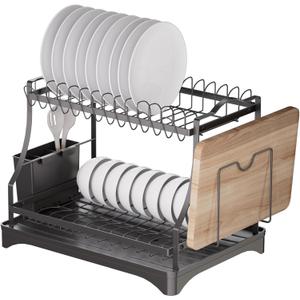 2-Tier Dish Rack with Drain Hole, Space Saving Kitchen Drainer and Organizer, Fits Cutlery, Plates and Cups, 16.5''L x 11.8''W x 12.8''H, Steel, Black