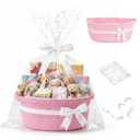 Woven Pink Basket for Gifts & Pink Gift Basket - Pink Baby Girl Baskets with Gift Bags and Ribbons for Valentines Day, Pink Bow Basket for Baby Shower, Nursery Toys Organizing, 16.6 x 8.5 x 5.5''