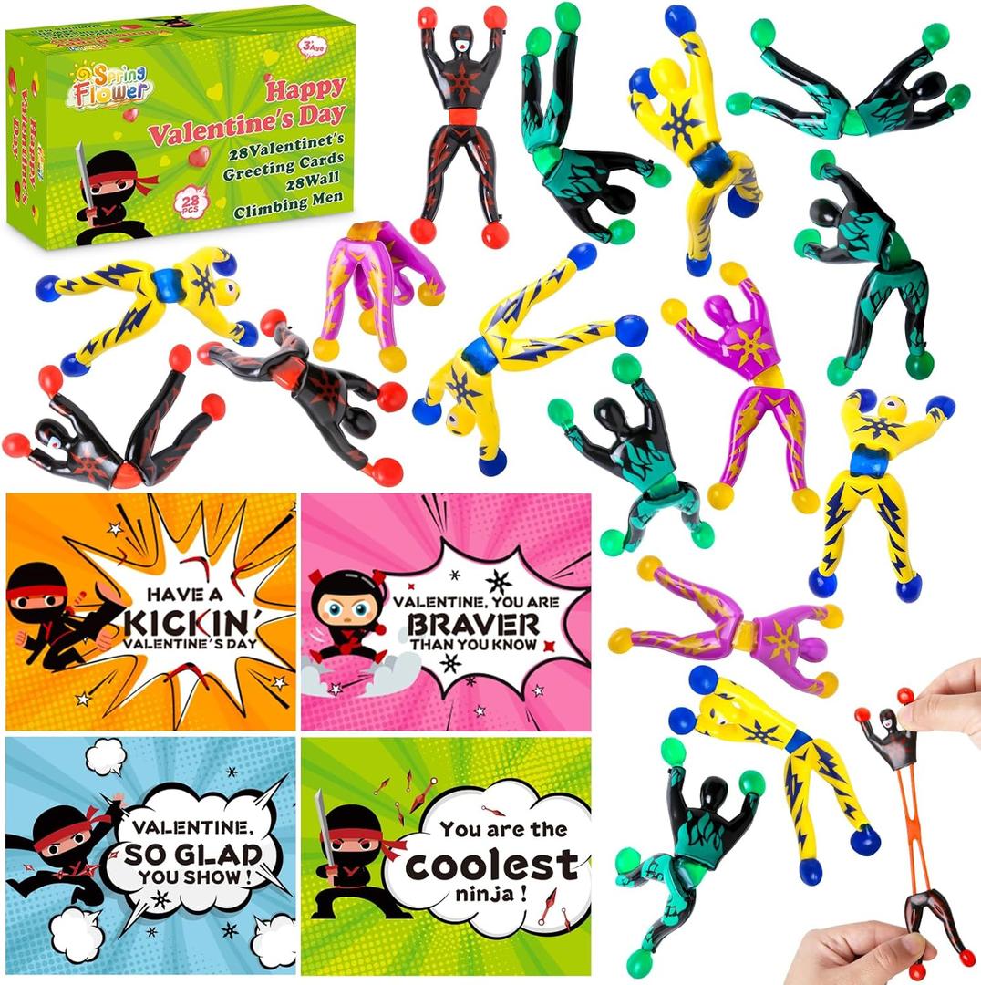 28 Packs Valentines Day Cards for Kids with Sticky Wall Climbing Men Ninja Set for Classroom,Valentine's Gifts Exchange For School, Valentine's Party Favors for Kids, Valentine's Prizes for Boys Girls
