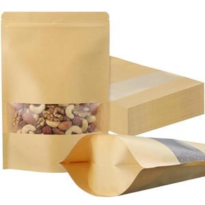 Geosar 100 Pcs Stand up Kraft Pouches with Window 8 x 12 Inch Kraft Paper Sealable Pouches with Notch Heat Sealable Resealable Bags for Small Business, Zipper Food Storage for Packaging, Snacks