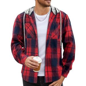 COOFANDY Men's Flannel Hoodie Plaid Shirt Long Sleeve Button Down Casual Shirt Jacket Lightweight Fall Shacket  Size L