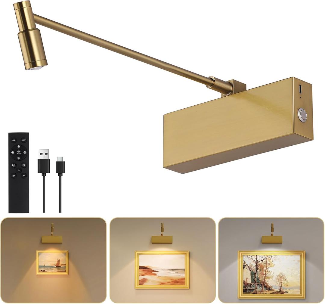 Adjustable LED Beam Picture Light for Wall, 8000mAh Rechargeable Wireless Art Light for Painting with Remote, Dimmable and Zoomable Picture Frame Spotlight for Gallery, Hallway (Brass)