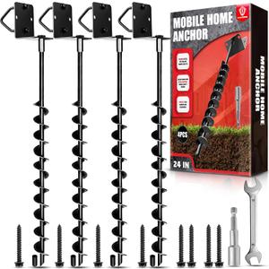 [Premium] 24" Full Spiral Blade Mobile Home Anchor, 4 Pack Ground Anchor Screw in with L-shaped Brackets, U-bolts, Power Nut Driver,Earth Anchors High Wind Heavy Duty for Camping Tents, Swing Sets