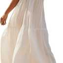 R.Vivimos Womens Summer Cotton Flowy Maxi Dress Short Sleeve V Neck Empire Waist Boho Tiered Ruffle Casual Loose Long Dresses (Medium, White)