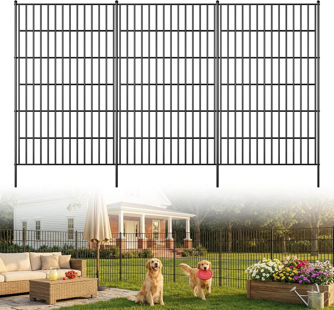 Toolterritary 10 Panels No Dig Decorative Garden Fence, 48in(H) x 25ft(L), Dog Fence Outdoor for Yard - Rustproof Metal Animal Barrier Fencing for Patio, Flower Bed, Ideal for Dogs, Rabbits