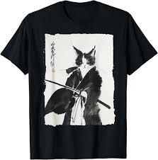 Samurai Cat Warrior Ink  Japanese Art Feline Katana TShirt Small