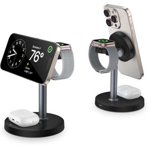 Mag-Safe 3 in 1 Wireless Charging Station for Apple Series, 15W Fast Magnetic Charger Night Stand for Bedrooms, iPhone 12-16 Series, Apple Watch, Airpods, Gifts for Men & Women-Black(No AC Adapter)