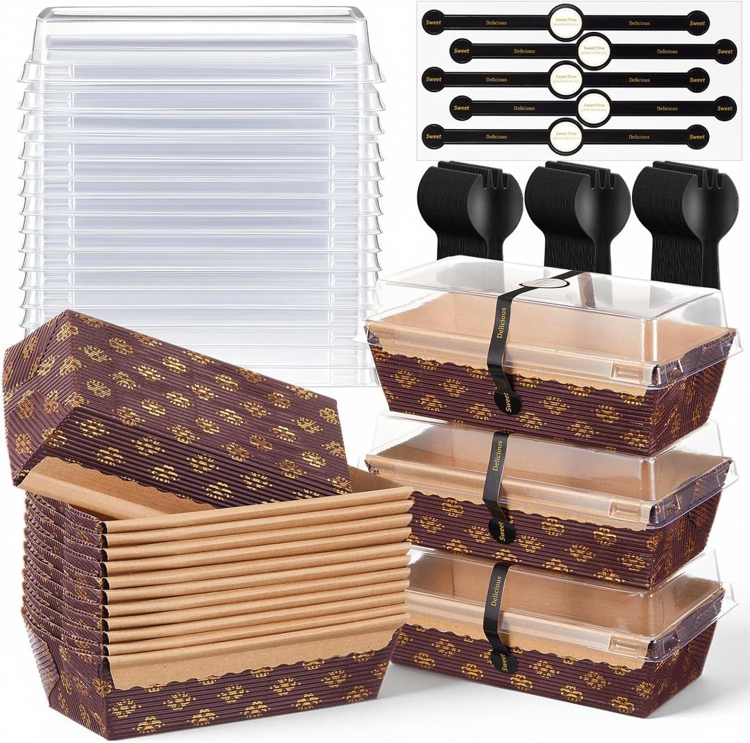 Teecyhooo 50 Pcs Paper Loaf Pan with Lids, Disposable Paper Baking Pans Mold with Plastic Black Spoons Sealing Sticker for Baking Bread, Small Meatloaf, Cake, Sweets, Oven, Bakery, 5.9 x 2.5 x 2''