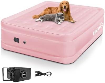 HikerSKY Air Mattress Queen with Built in Wireless Battery Pump, Blow Up Inflatable Mattress for Camping,Guest Air Bed, All Fabric, 21'' Pink Queen