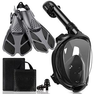 Viginsul Mask Fins Snorkeling Gear for Adults, Full Face Snorkel Mask & Adjustable Swim Fins Snorkel Set, Panoramic View Snorkel Mask Dry Top Anti-Fog Anti-Leak  L/XL
