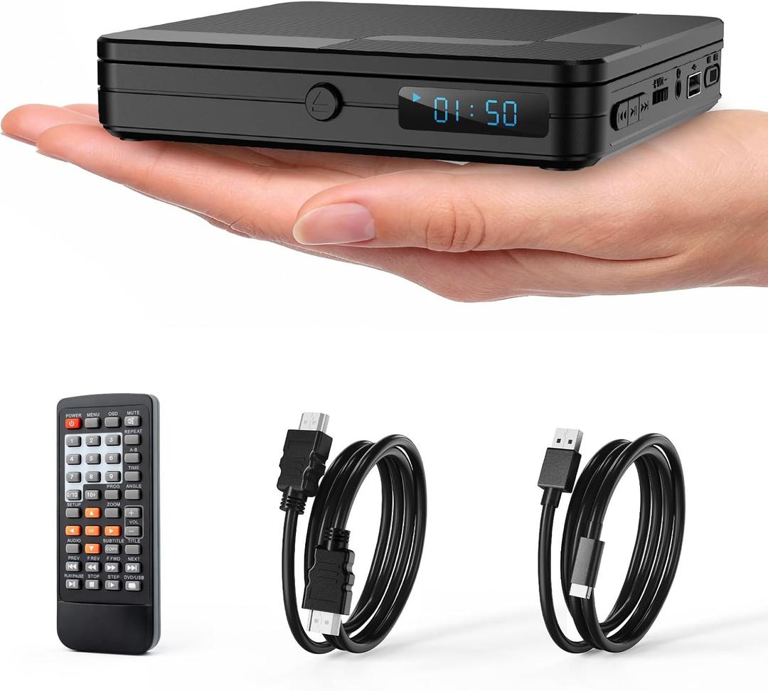 Mini DVD Player with Remote Control - All Region Free 1080P HD Small Compact CD DVD Player for Smart TV & Projector, Features HDMI Output, Headphone Jack, USB 2.0 Input, PAL/NTSC Support