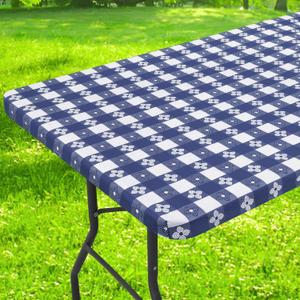 Rectangle Vinyl Table Cloth, Waterproof Elastic Fitted Tablecloth with Flannel Backing, Plastic Table Cover for Picnic, Camping, Outdoor (White & Navy, 30"x60")