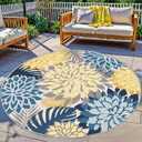 Colorful 6FT Outdoor Round Area Rug Washable Rugs Multicolored Patio Rug Tropical Botanical Floral Chenille Waterproof Outdoor Carpet for RV, Pool Deck, Backyard, Porch, Ocean Dahlia