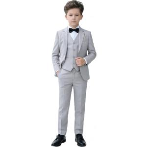 YuanLu Boys Suit for Kids Tuxedo Wedding Ring Bearer Outfit, 5 Piece Boy Slim Fit Formal Suits with Adjustable Waist (3T, Gray)