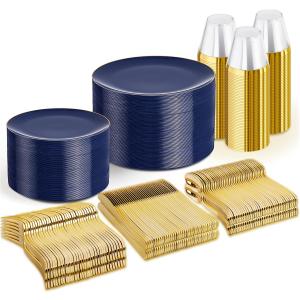 WDF 300PCS Navy Blue Plates Disposable - Blue Plastic Plates 50guest Heavy Duty Plastic Dinnerware Sets for Party/Wedding/Birthday (Blue and Gold)