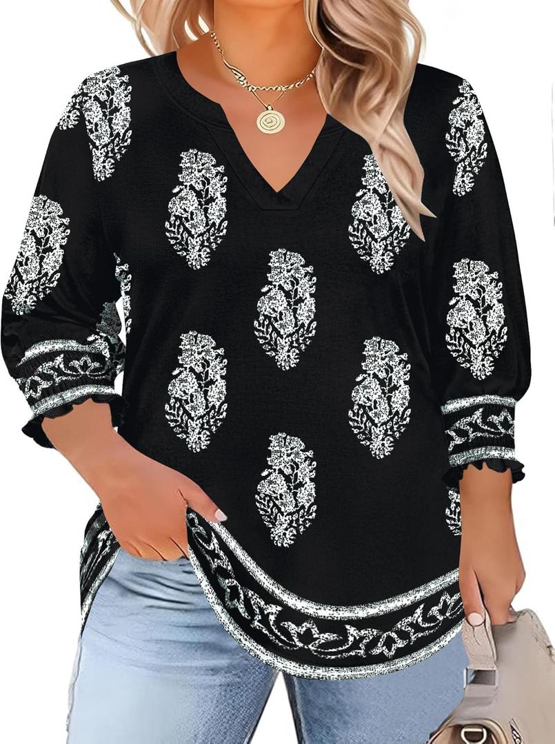 TFSDOD Boho Tops for Women Trendy 2026 Plus Size Spring Break Clothes 3/ 4 Length Sleeve Womens Tops V Neck Smocked Shirts Spring Womens Blouses XXL