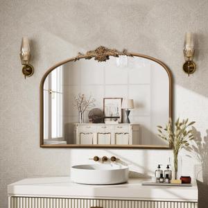 Vintage Arched Gold Mirror: 32"x24" Large Gold Vintage Wall Mounted Mirror - Baroque Traditional Ornate for Entryway/Fireplace/Bathroom/Hallway - Home Decor for Fashion-Conscious
