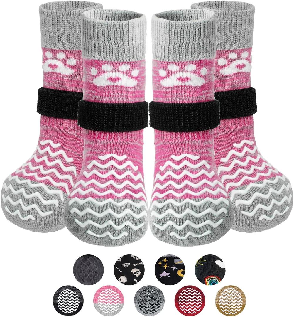 PUPTECK Anti Slip Dog Socks 2 Pairs with Double Grippers for Hardwood Floors, Shoes for Hot/Cold Pavement, Boots & Paws Protectors to Prevent Licking, Traction Booties for Senior Small Large Dogs (Pink(Wave))