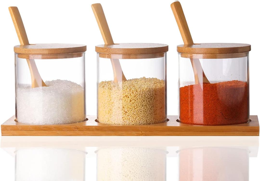 3 x Lawei Set of 3 Condiment Jar with Lids and Spoons - Glass Sugar Bowls Sugar Salt Container Set for Sugar Serving Spice Salt