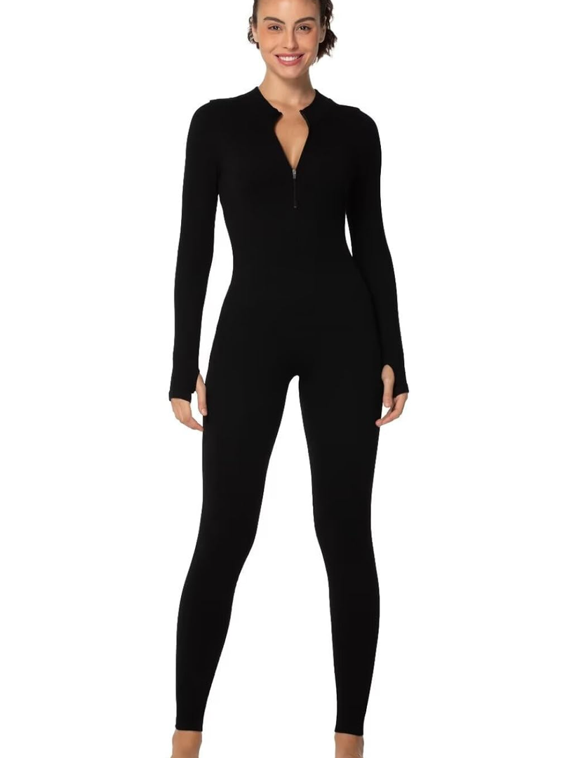 Sunzel Long Sleeve Jumpsuits for Women, Ribbed One Piece Casual Yoga Workout Zip Front Bodycon, Legging Fit & Thumbhole M