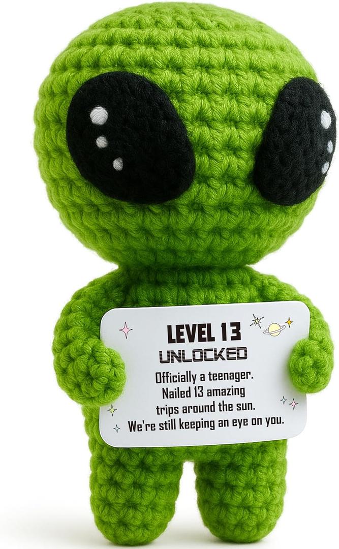 Happy 13th Birthday Milestone Keepsake  Handmade Crochet Alien Plush Doll with Funny Official Teenager Positive Affirmation Message Card  13 Years Old Gift for Son, Daughter, Friend, or Grandchild