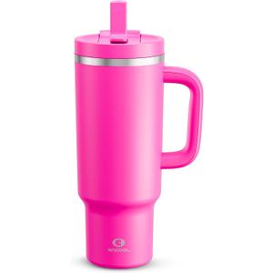 ENCOOL 40 oz Tumbler with Handle and Straw: Stainless Steel Insulated Tumbler Keeps Cold for 24 Hours, Leakproof Travel Cup Fits in Cup Holder and BPA-Free,Persian Rose
